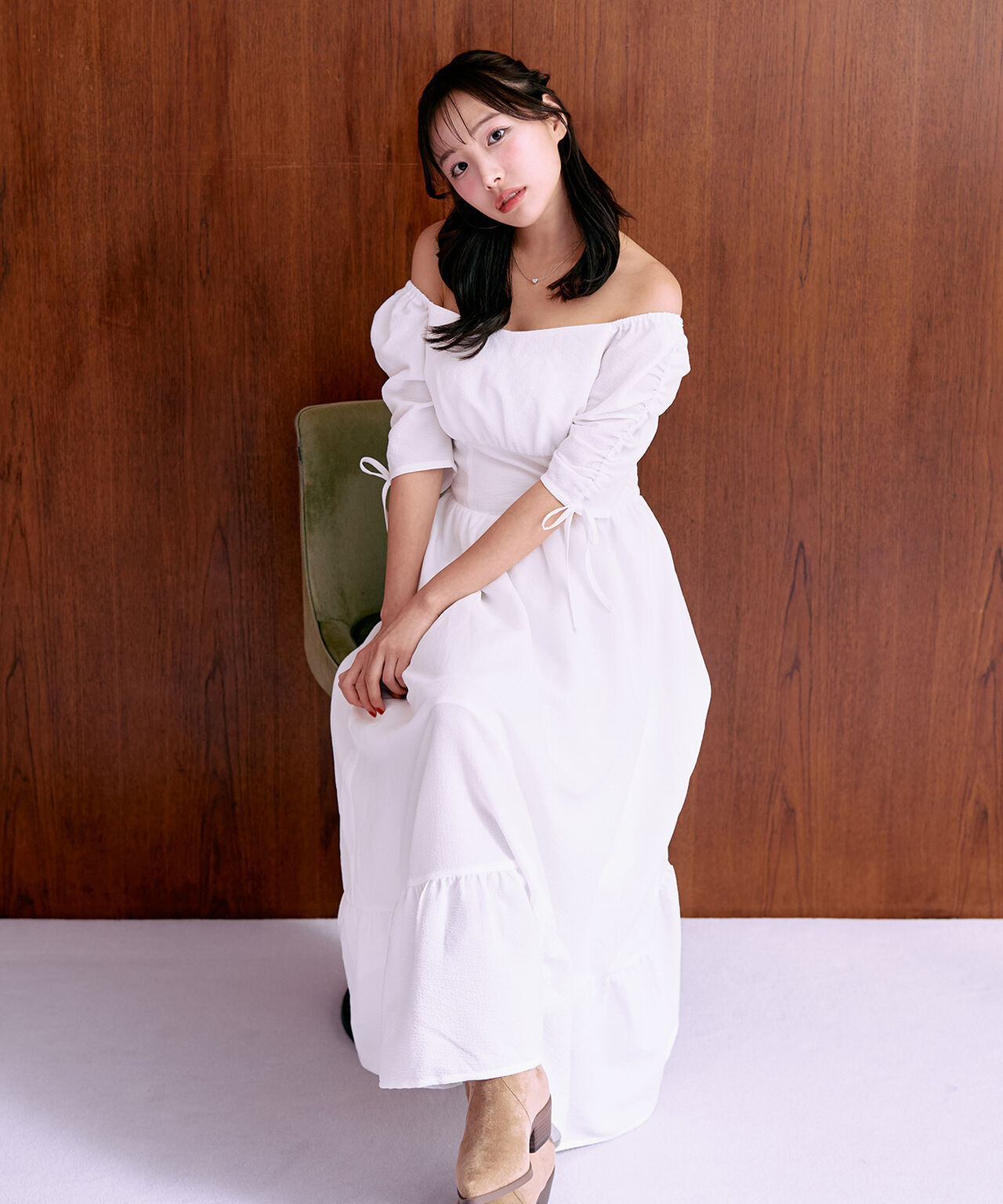 Shirred Sleeve One-Piece Dress [Korean Fashion],Off white, large image number 0