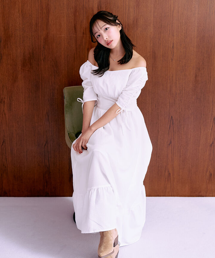 Shirred Sleeve One-Piece Dress [Korean Fashion],Off white, medium image number 0
