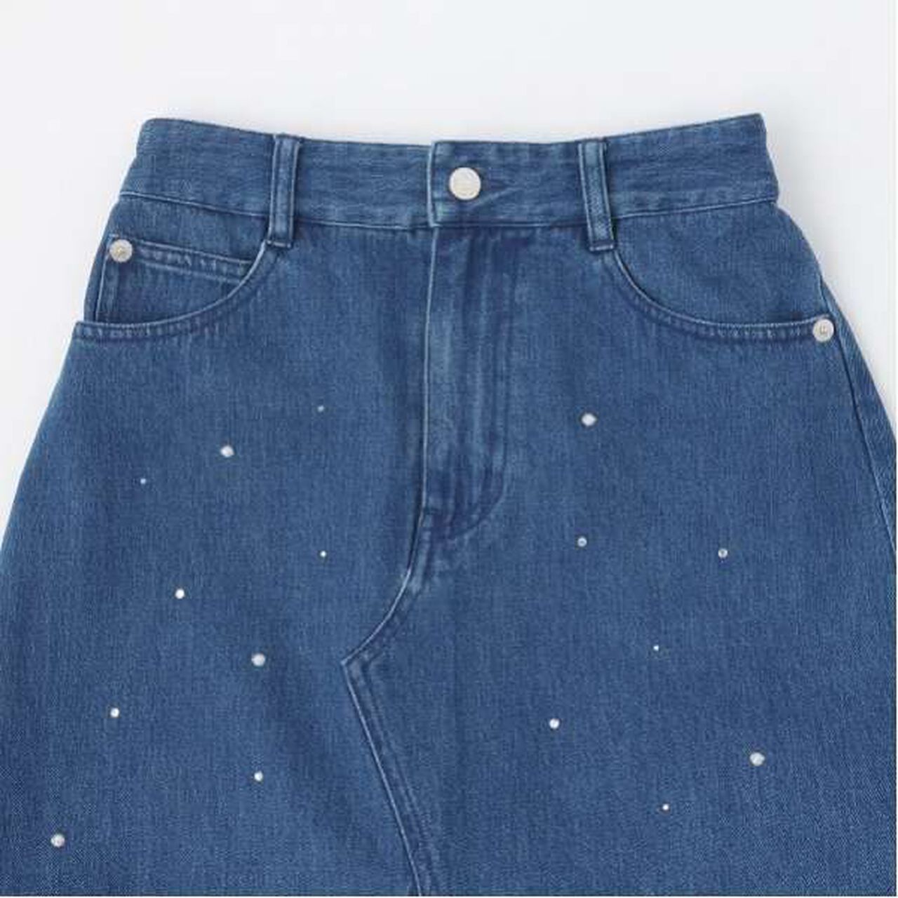 Pearl & Rhinestone Denim Midi Skirt,Black, large image number 7