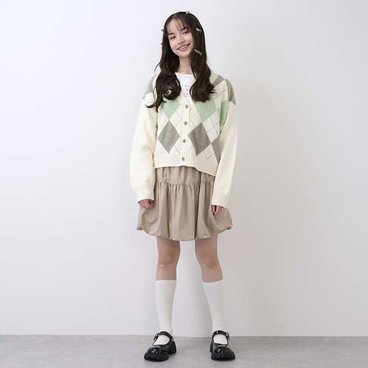 Argyle Shaggy Cardigan T-Shirt Set,Gray, large image number 7