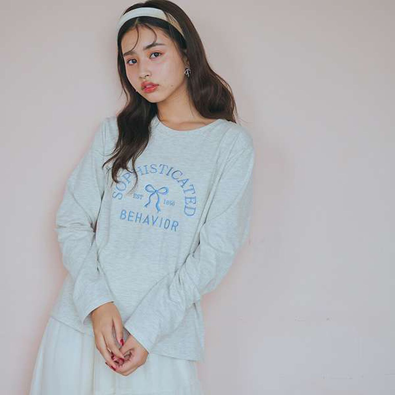 Ribbon Embroidered Long Sleeve T-Shirt,Off white, large image number 12
