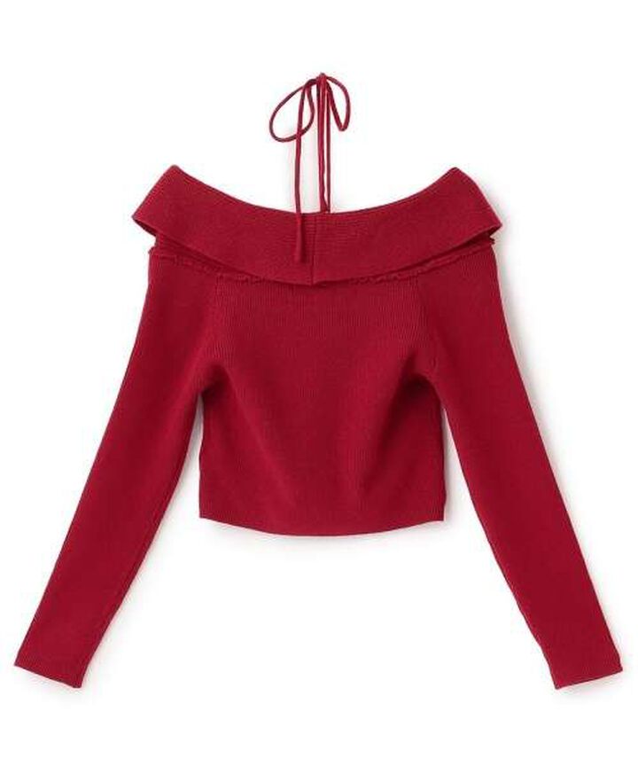 Ribbon Off-Shoulder Knit Pullover [Korean Fashion],Red, medium image number 5