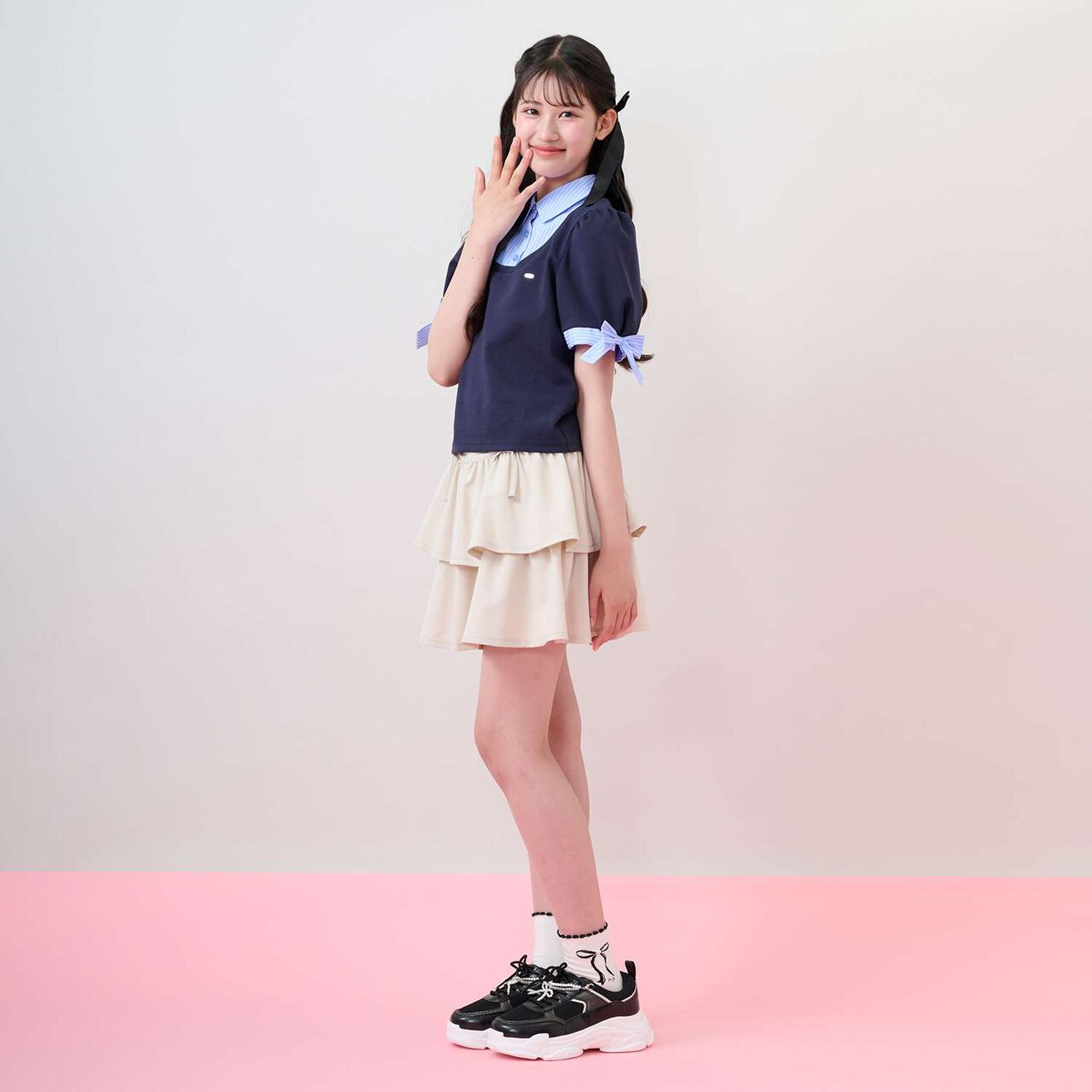 Sleeve Ribbon Fabric Docking T-Shirt,Navy, large image number 12