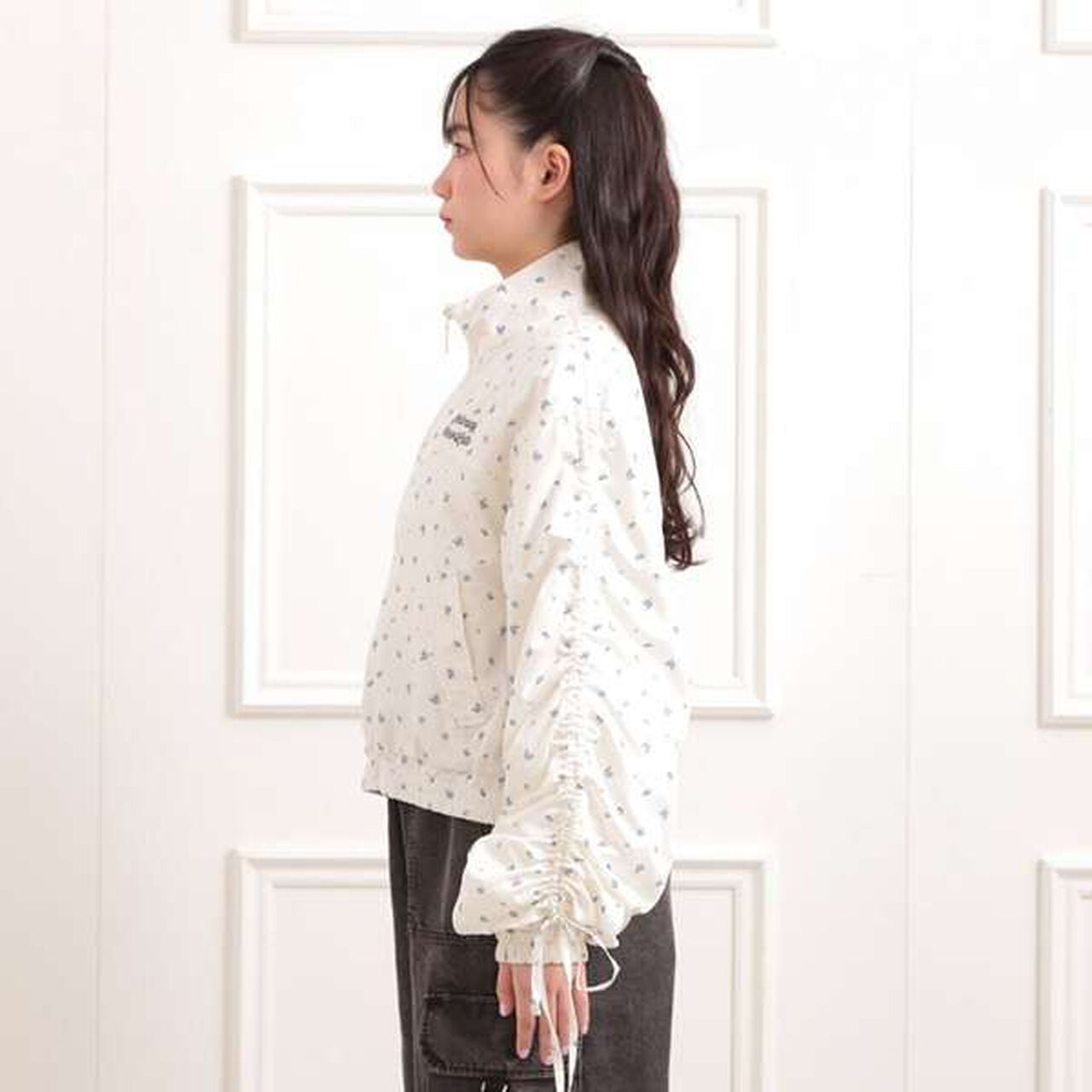 Drawstring Sleeve Bomber Jacket,Ivory, large image number 2