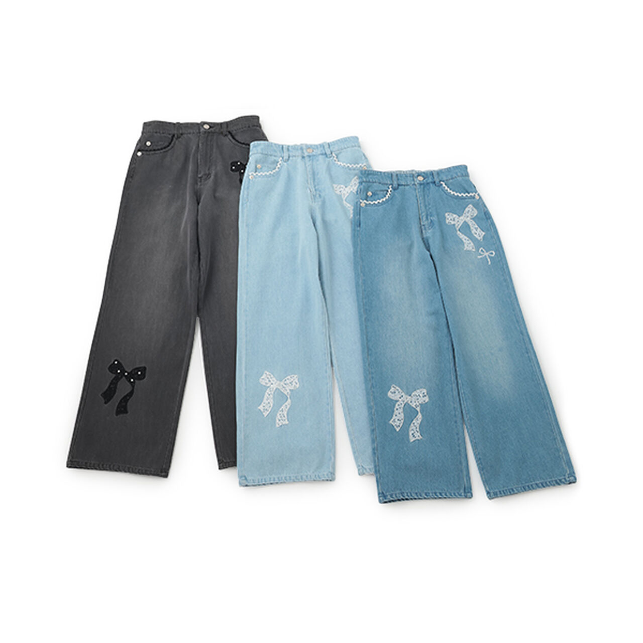 Lace Appliqué Slim Fit Loose Straight Denim Pants,Light blue, large image number 18