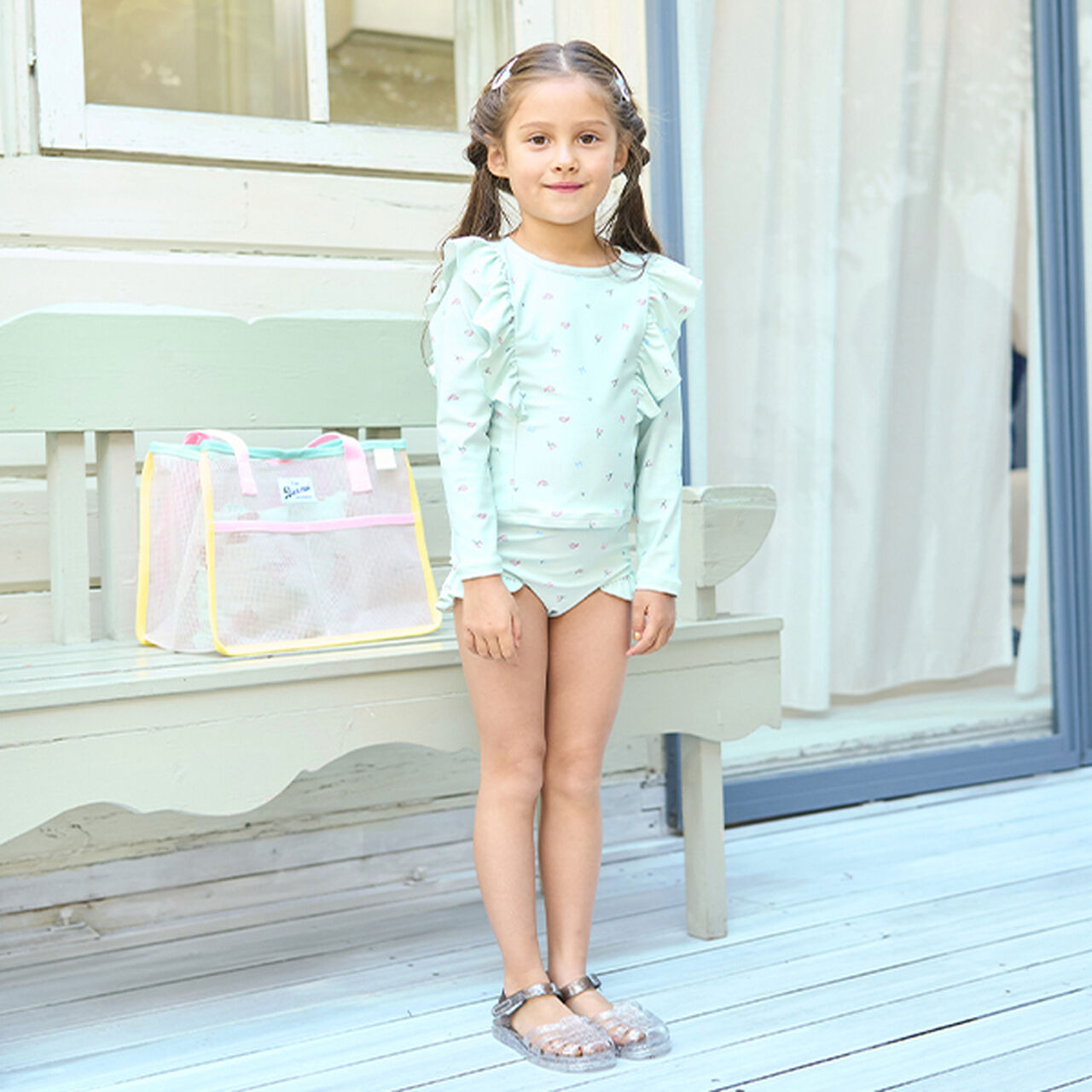 [SWIM] [UV Processing] Floral Pattern Frill Rash Guard & Pants Set,Black, large image number 5