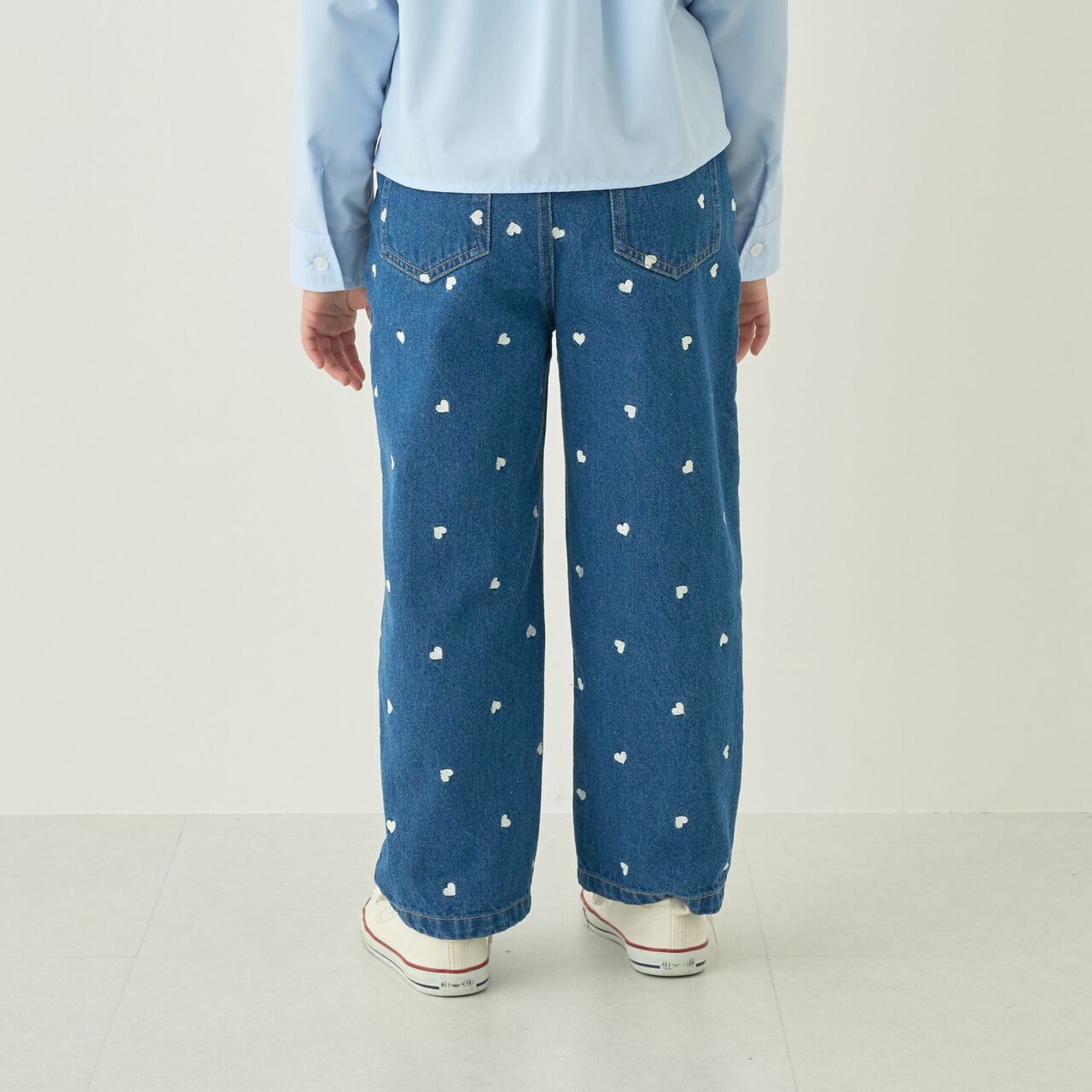 [Soft Denim] Heart Embroidered All-Over Pattern Barrel-Leg Pants for Girls [Kids],Blue, large image number 2