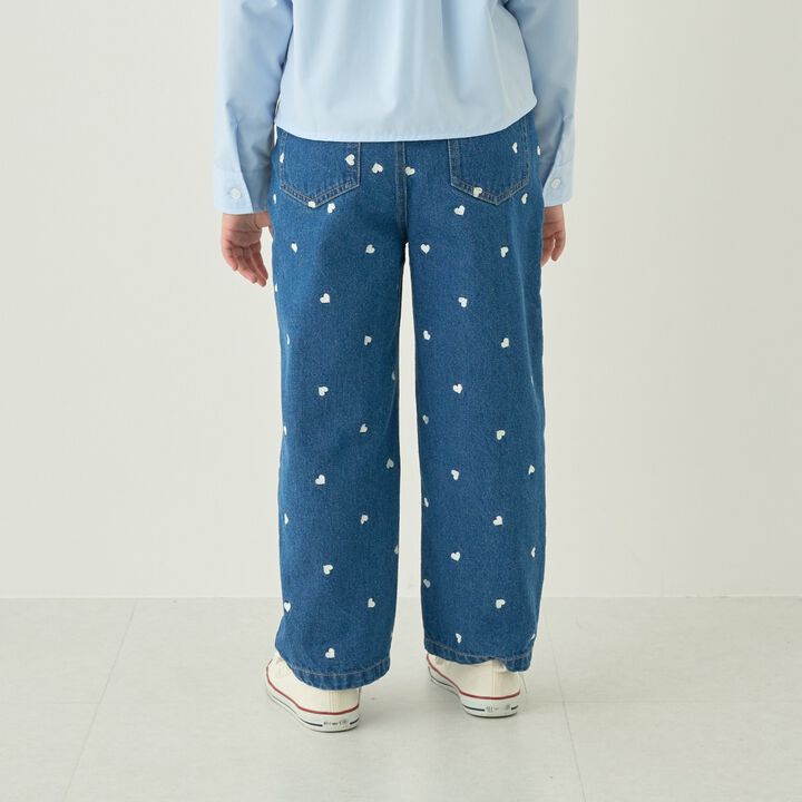 [Soft Denim] Heart Embroidered All-Over Pattern Barrel-Leg Pants for Girls [Kids],Blue, medium image number 2