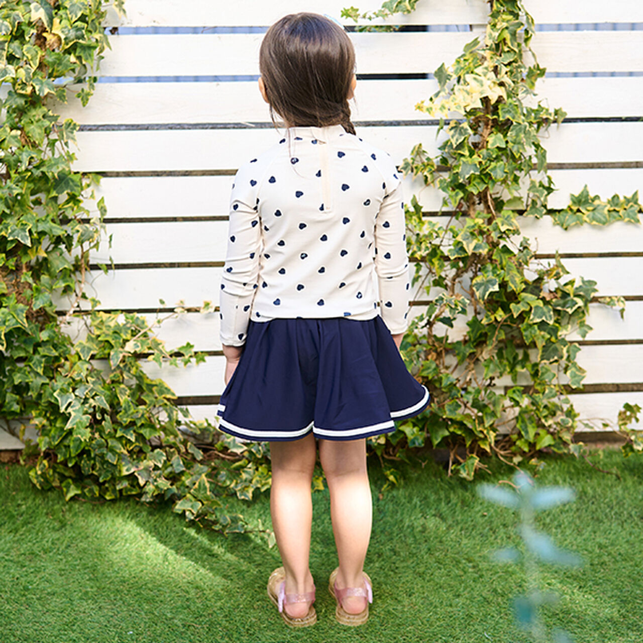 [SWIM] [UV Processing] Heart Pattern Rash Guard & Pleated Skirt Set,Ivory, large image number 2