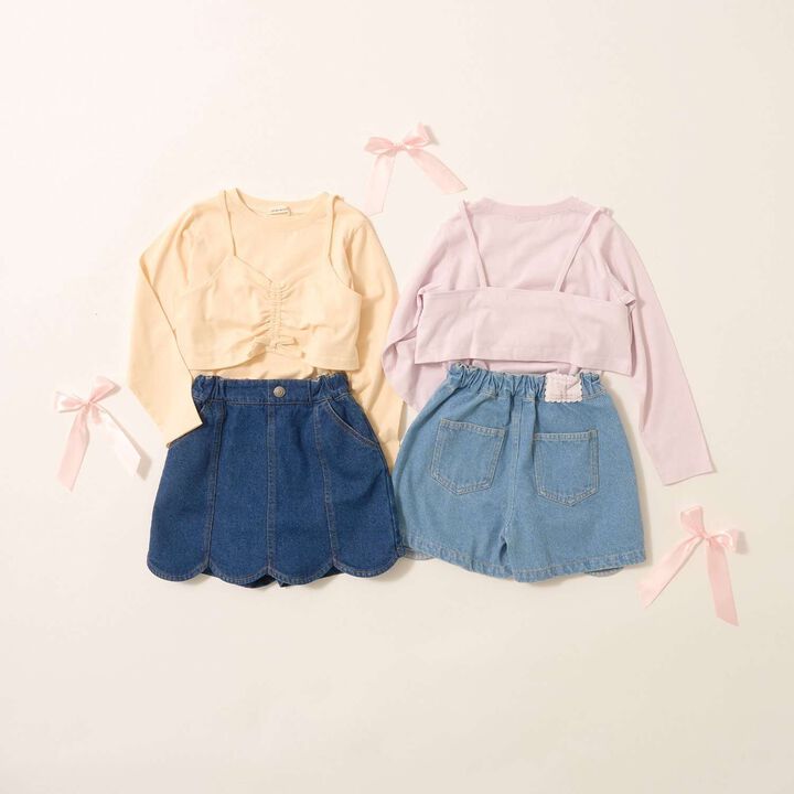 Stretch Denim Scallop Trim Skirt with Shorts,Sax blue, medium image number 18