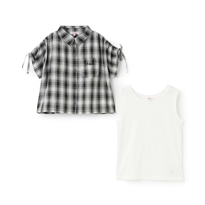 [3WAY] Checkered Shirt with Sleeve Drawstring + Tank Top Set,Black, medium image number 2