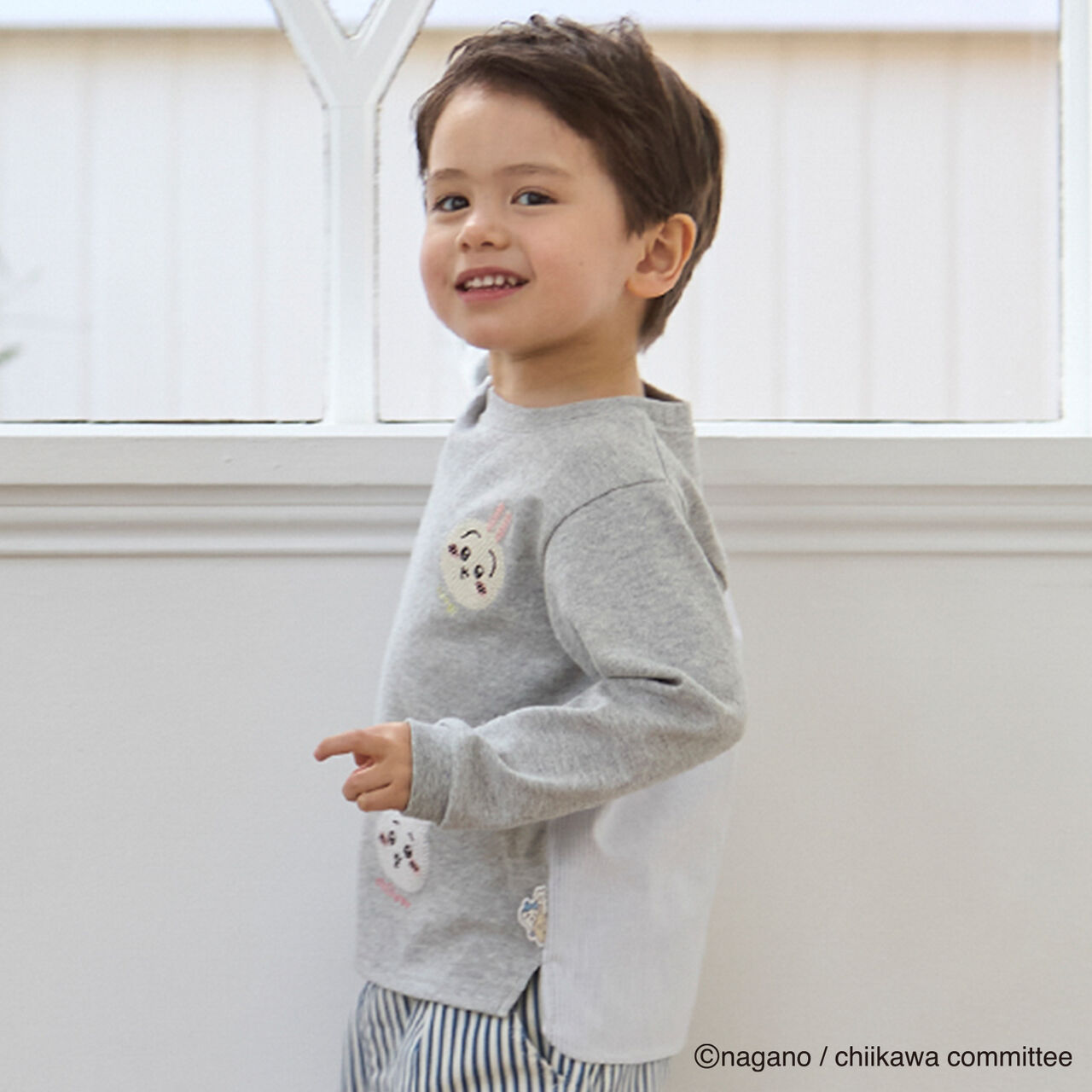 Chikawa Face Motif Long-Sleeve T-Shirt,Top gray, large image number 3