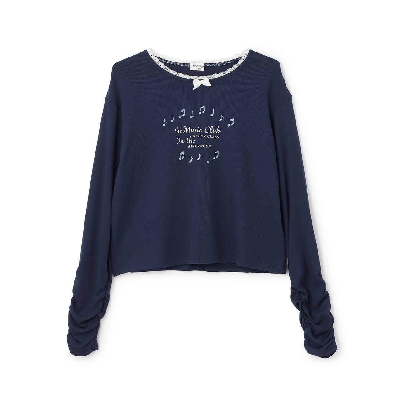 [Three Rabbits] Lace-Collared Ribbed Long-Sleeve T-Shirt,Navy, large image number 12