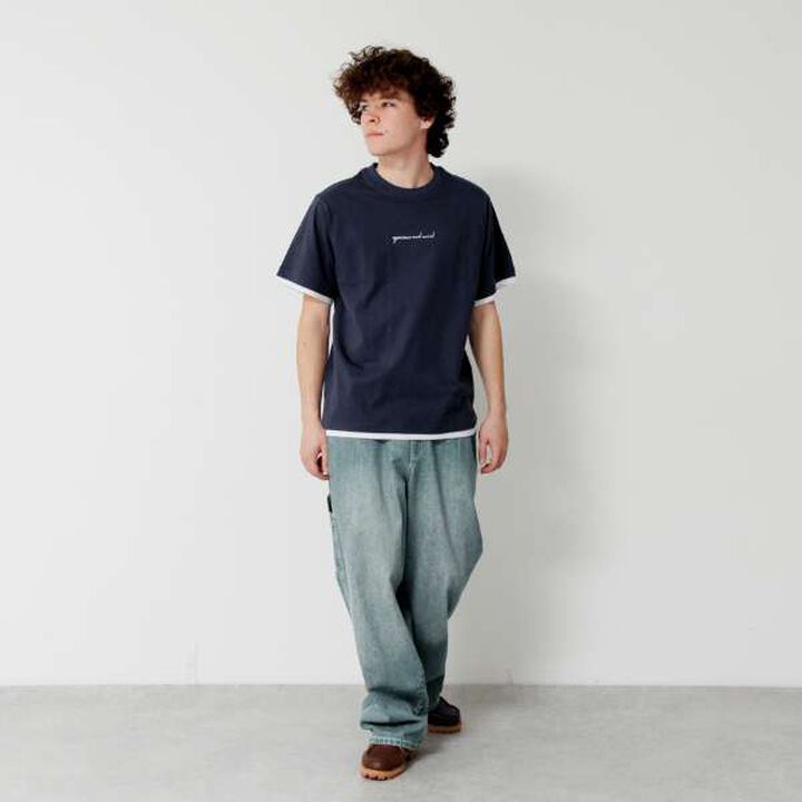 Front Logo Print Layered Hem Short Sleeve T-Shirt,Navy, medium image number 9