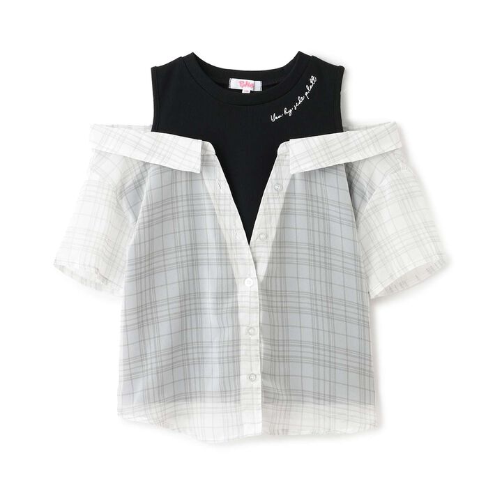 Shoulder Cutout Sheer Check Docking Shirt,Off white, medium image number 8