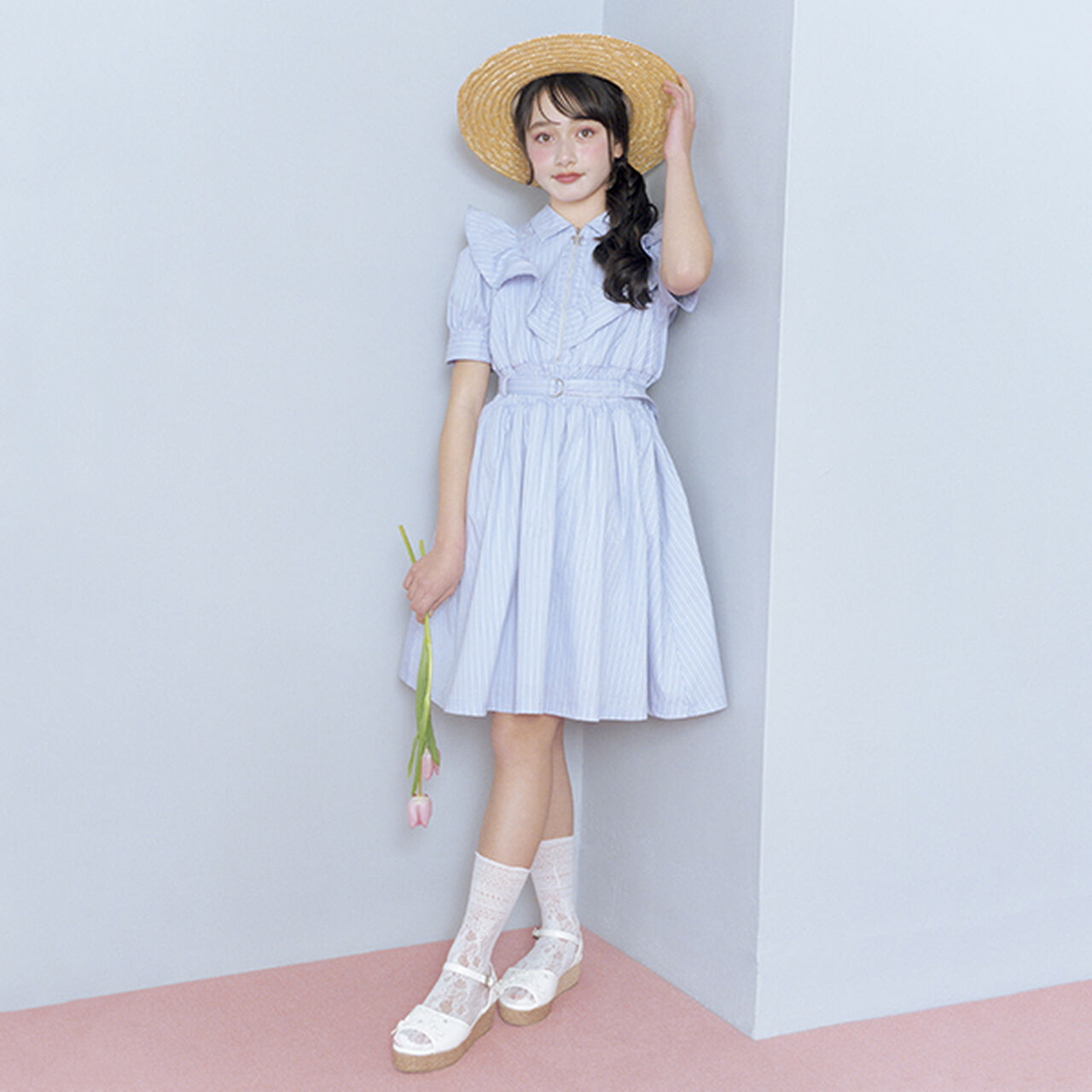 Half-Zip Frill One-Piece Dress,Sax blue, large image number 0