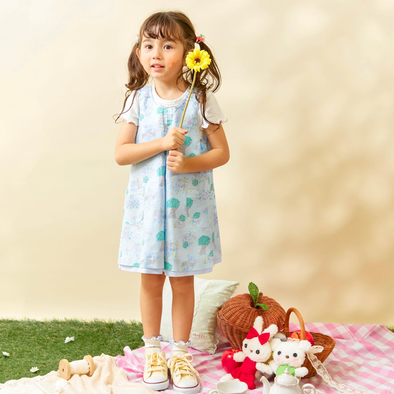 All-Over Pattern Lawn &times; Chambray Reversible Jumper Skirt,Blue, large image number 23