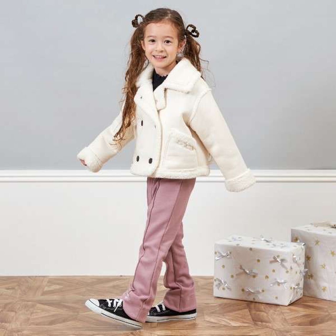 KP Lame Faux Shearling Coat [110-140],Off white, large image number 1