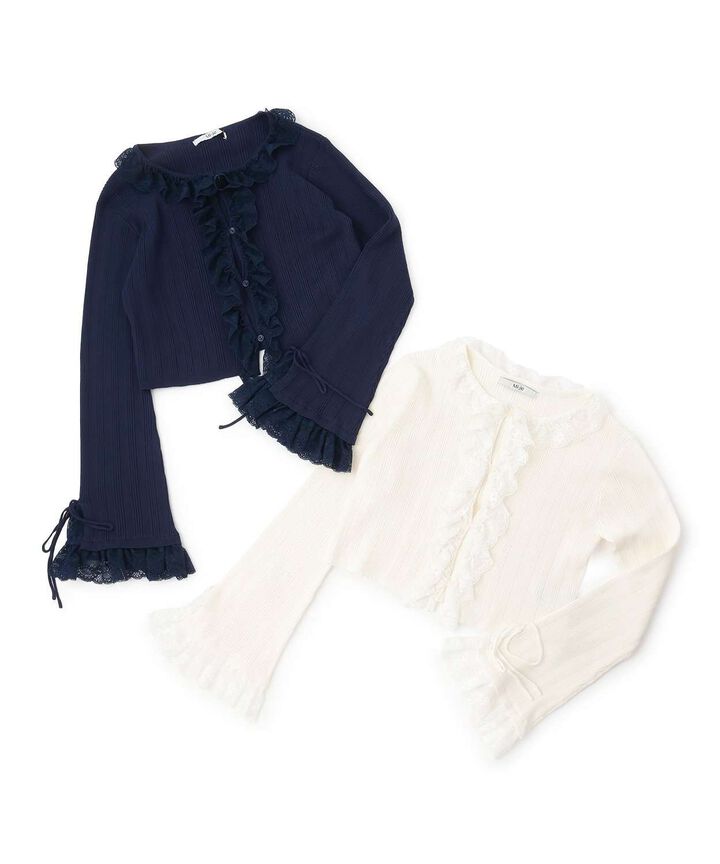 Frill Lace Knit Cardigan,Navy, medium image number 10