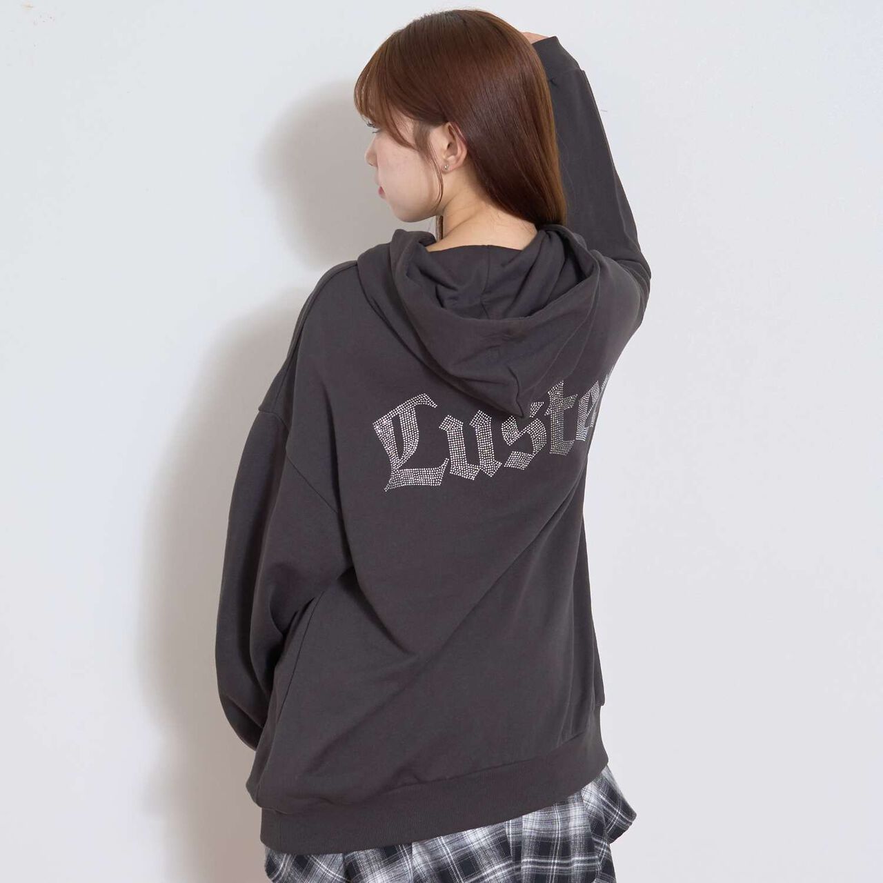 [LTXC] Back Rhinestone Loose Pullover Parka,Charcoal gray, large image number 0