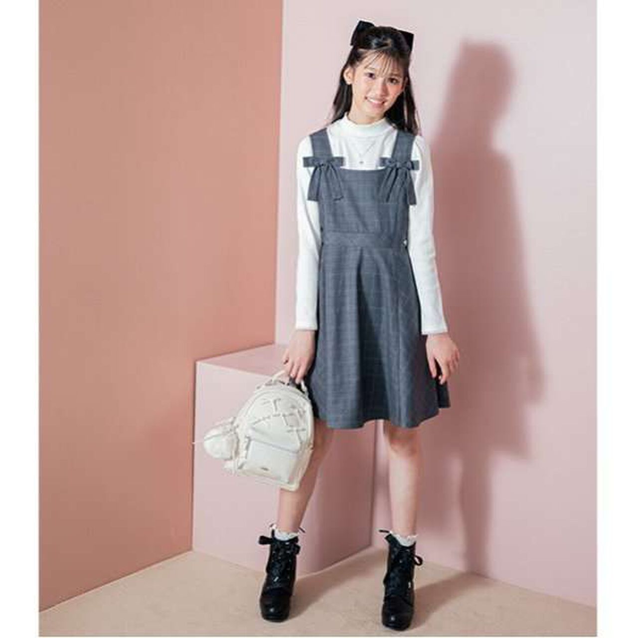 Twin Ribbon Jumper Skirt,Charcoal gray, large image number 0