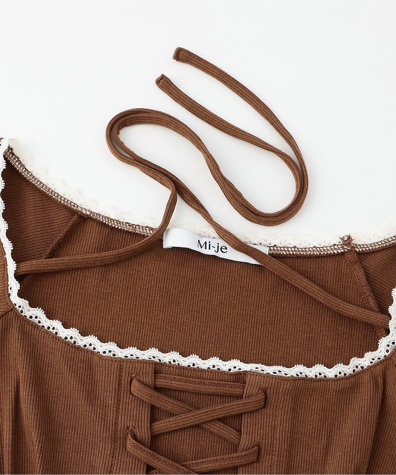 Lace-Up Ribbed Short-Sleeve T-Shirt,Brown, large image number 3