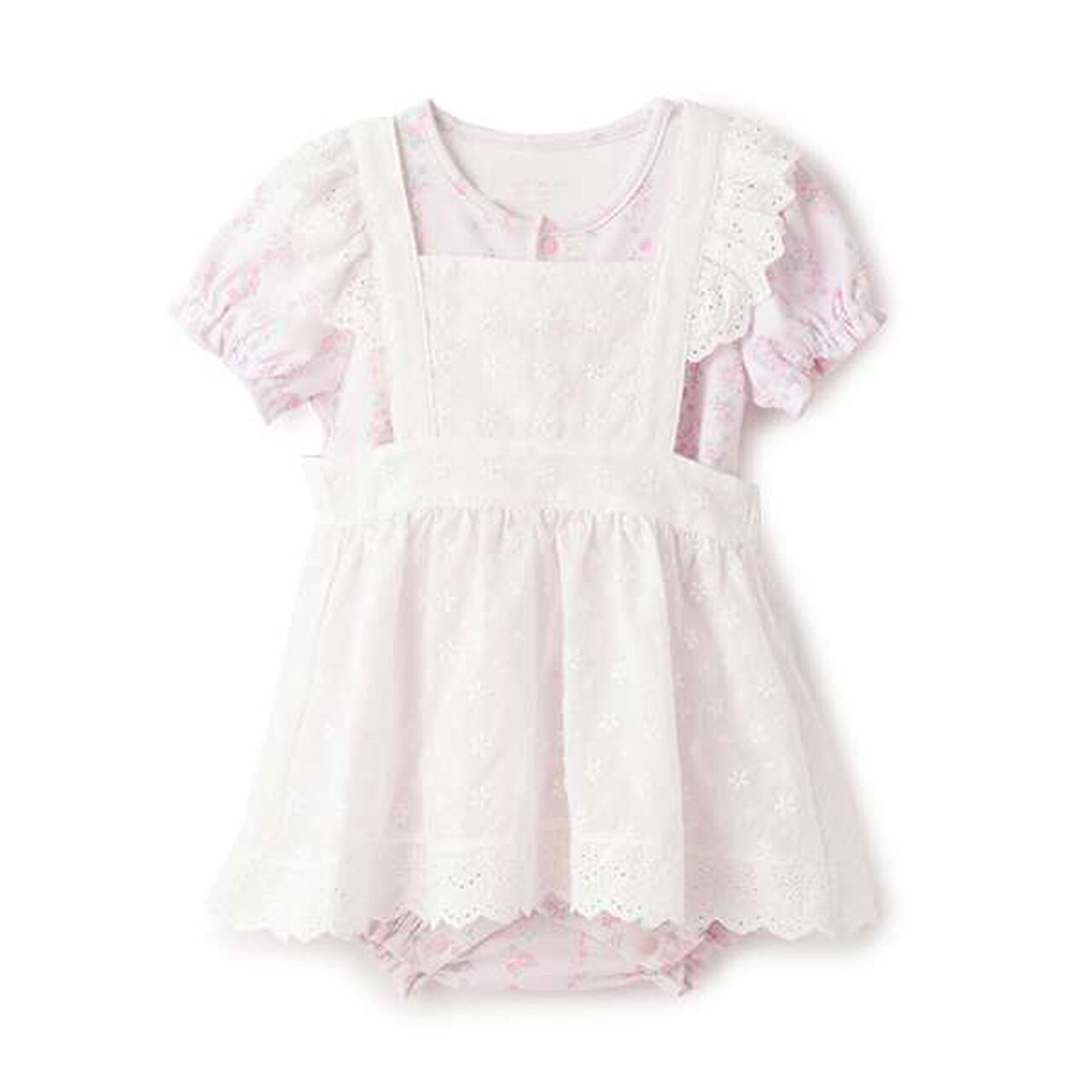 Short-Sleeve Romper & Lace Apron Skirt Set,Light pink, large image number 0
