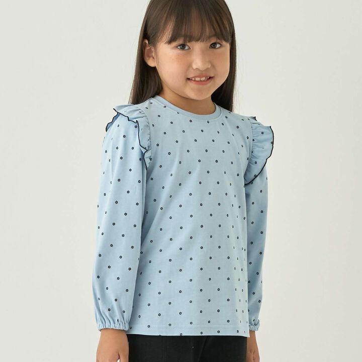 [100% Cotton] [Muteki T] [Stain Resistant/UV/Quick-Dry] Frilled Volume Sleeve All-Over Pattern T-Shirt for Girls [Kids],Blue gray, medium image number 0