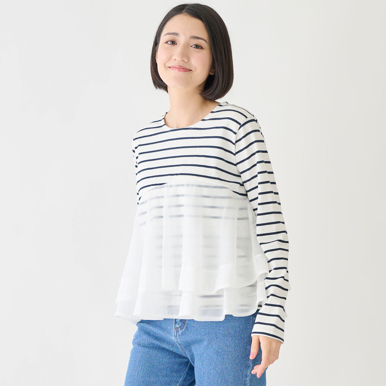 Organza Docking Long-Sleeve T-Shirt,Striped, large image number 1