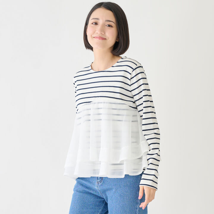 Organza Docking Long-Sleeve T-Shirt,Striped, medium image number 1