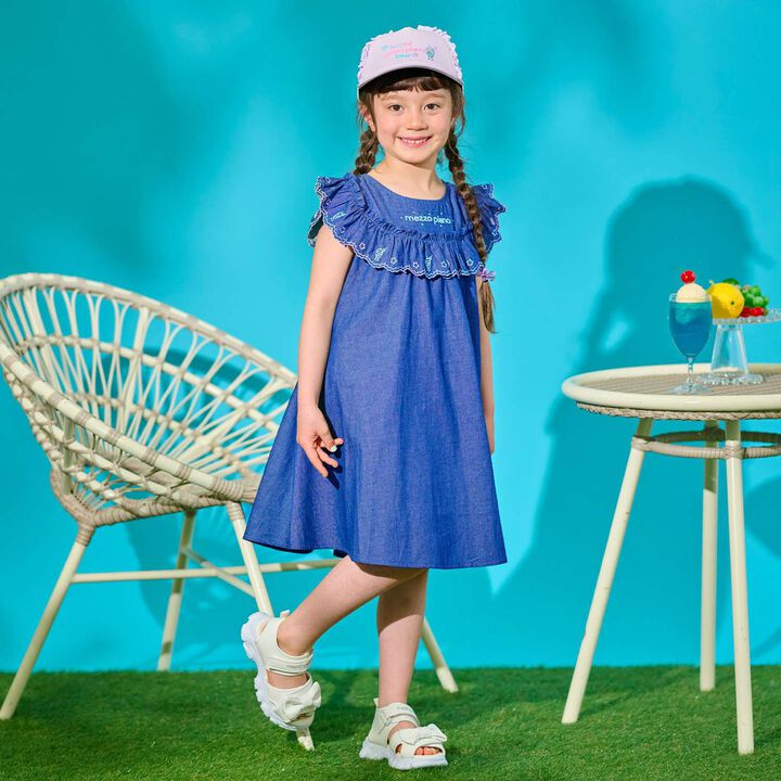 Cutwork Embroidery 2WAY Shoulder-Opening Denim One-Piece Dress [Cool Touch],Sax blue, medium image number 1