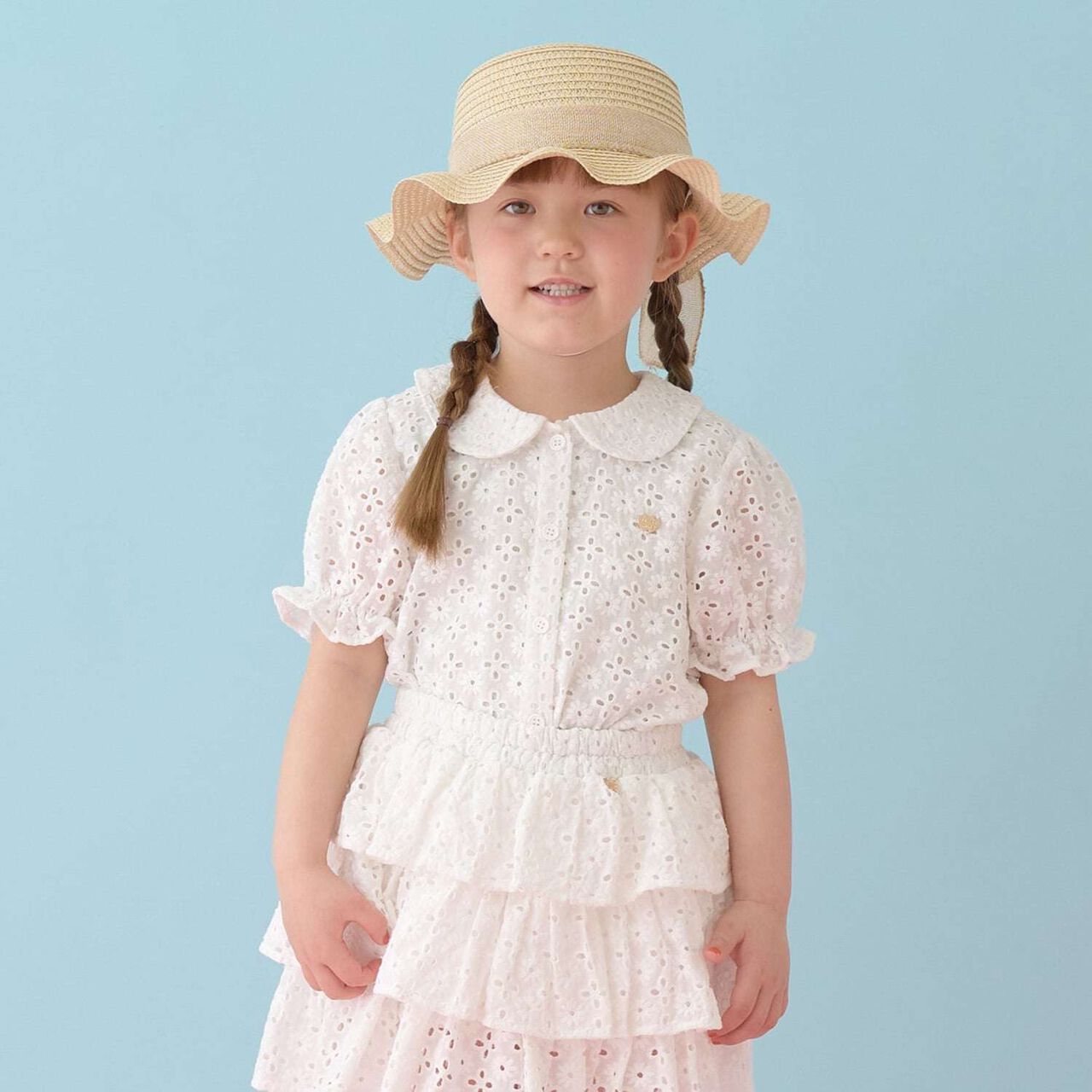 [100% Cotton] Lace Puff Sleeve Blouse for Girls Kids,Pearl white, large image number 0