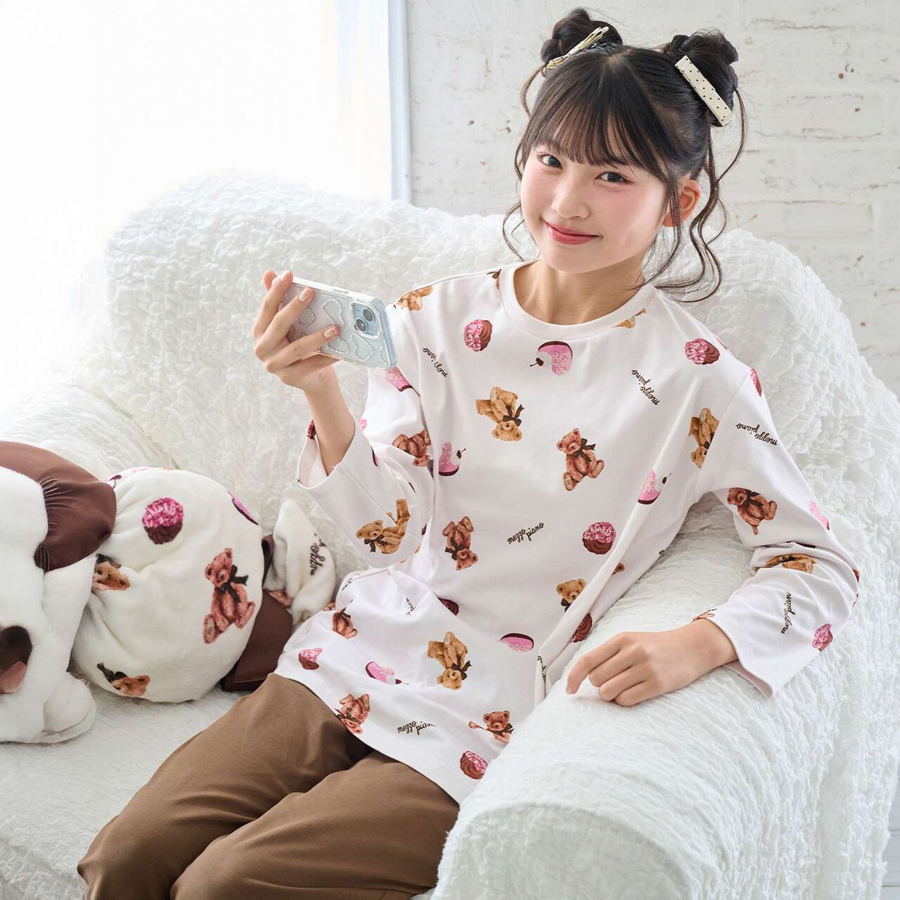 [Shea Butter] Sweets Bear Pattern Room Wear Set,Ivory, large image number 3