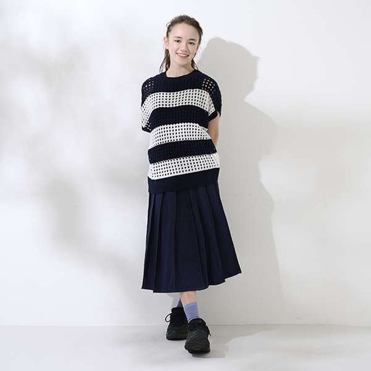 [AMI] Mesh Striped Knit + Inner Wear Set with Cups,Black, large image number 11