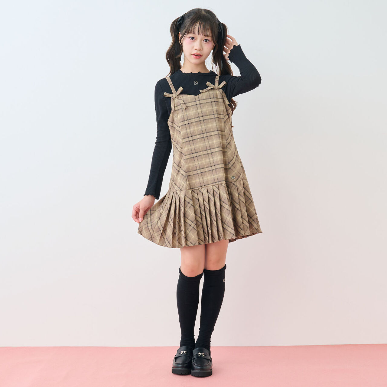 Twin Ribbon Jumper Skirt & T-Shirt Set,Brown, large image number 1