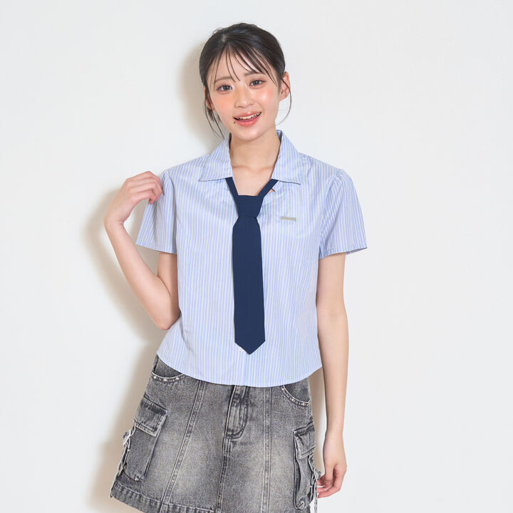 [LTXC] Stylish Short-Sleeve Shirt with Trendy Tie,Off white, medium image number 12