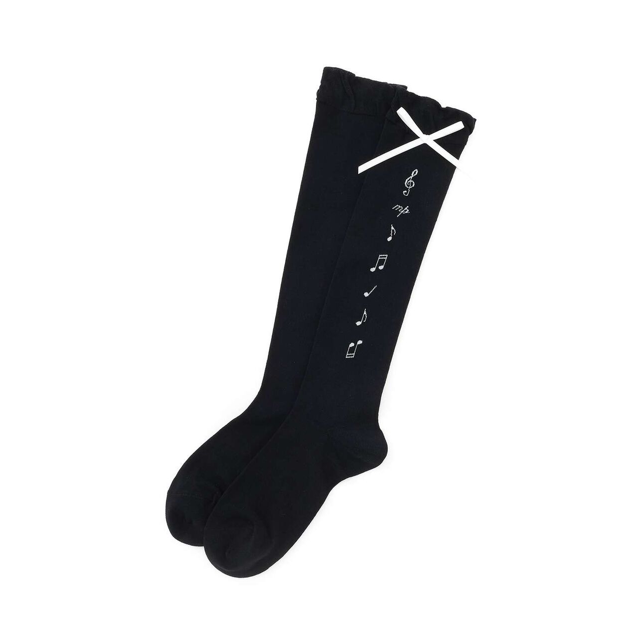 Note & Ribbon Knee-High Socks♪,Black, large image number 0