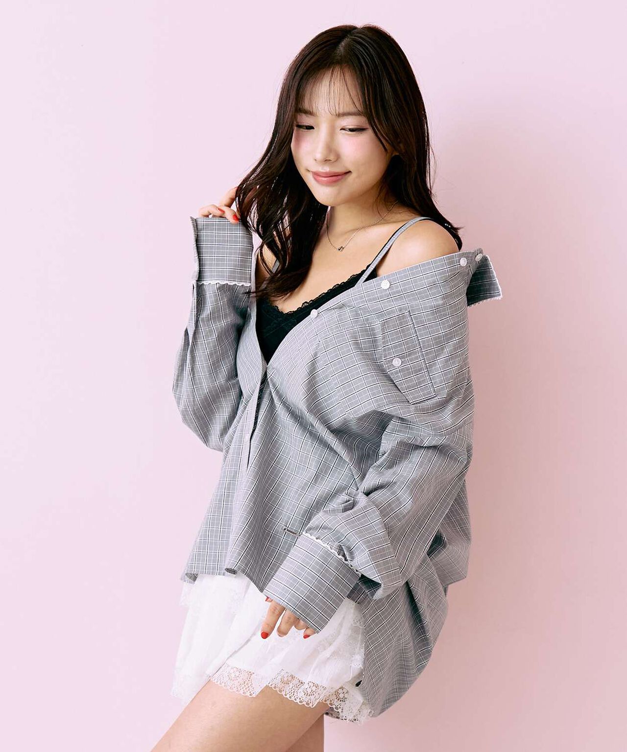 Checkered Shirt with Logo Plate [Korean Fashion],Gray, large image number 2