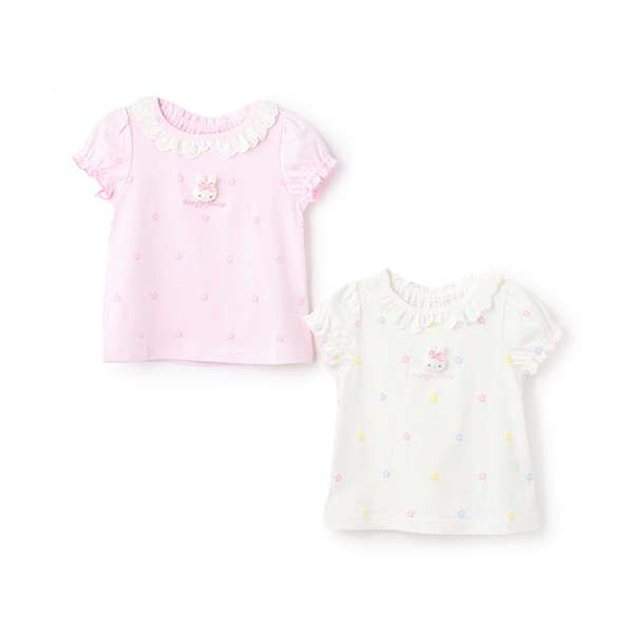 Floral Pattern Short Sleeve T-Shirt with Rabbit Mascot,Off white, large image number 8