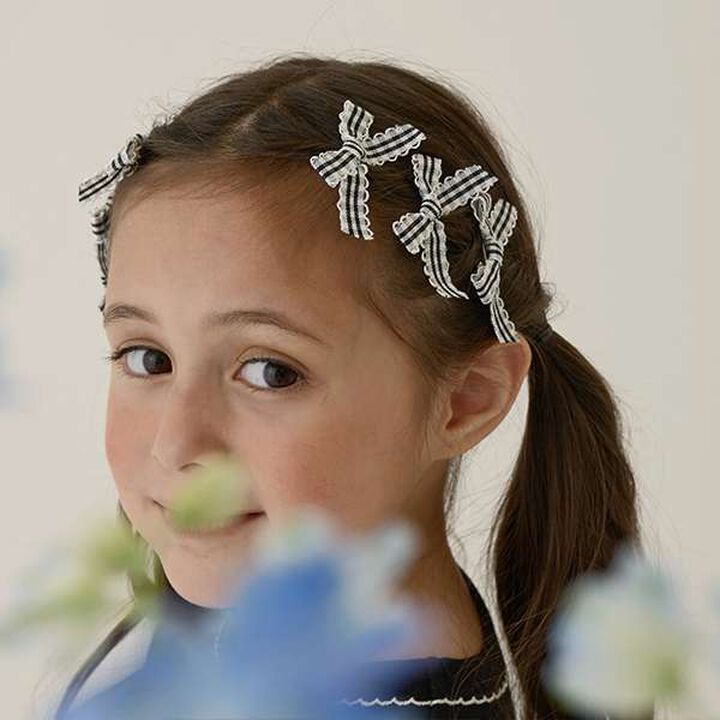 Check Ribbon Mini Hair Clips 6P Set,Black, medium image number 0