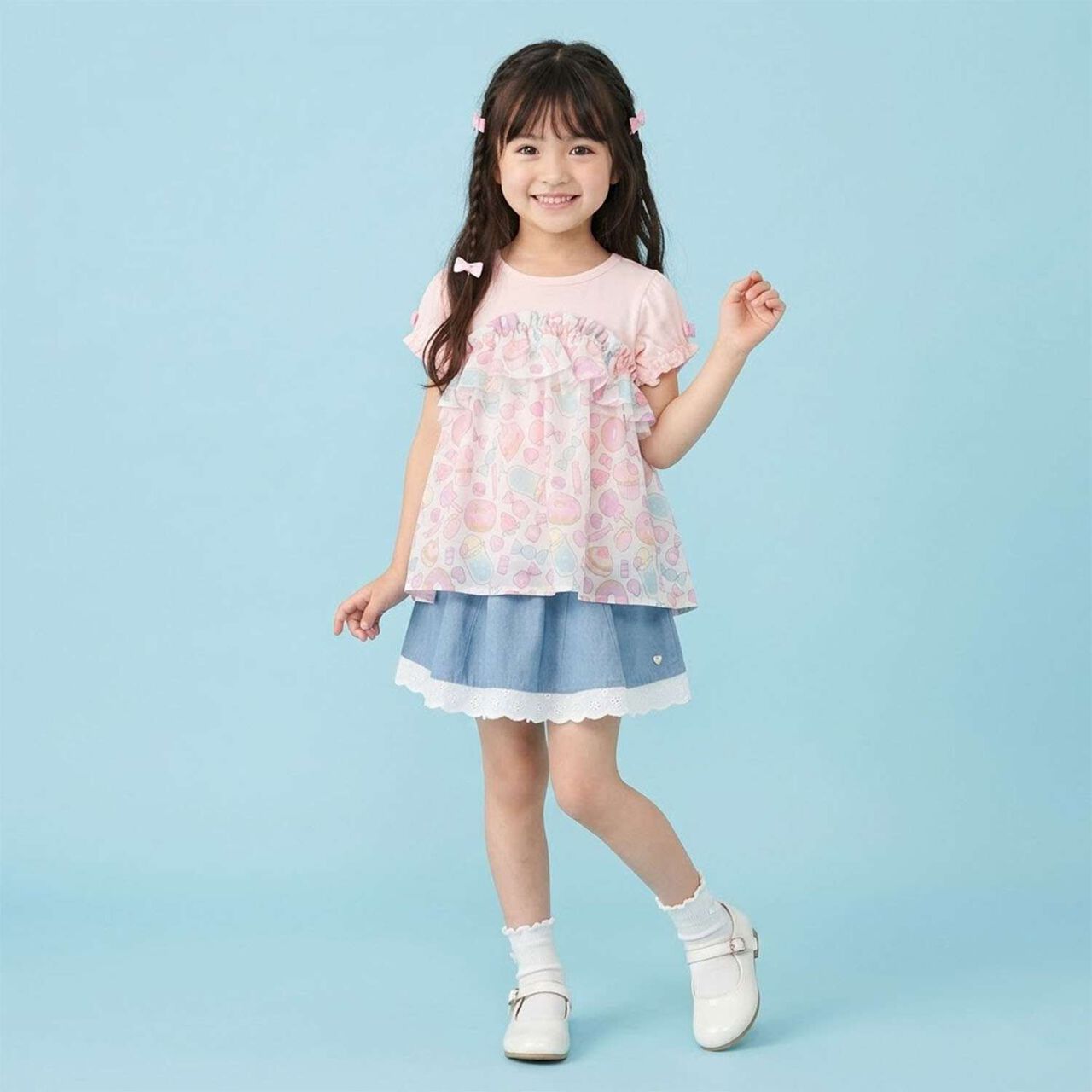 Sweets Motif Color-Block Top,Sax blue, large image number 1