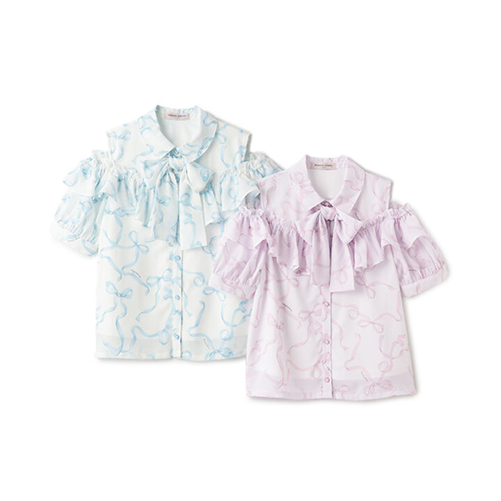 Frill Blouse with Bow Tie and Ribbon Pattern,Light blue, medium image number 2