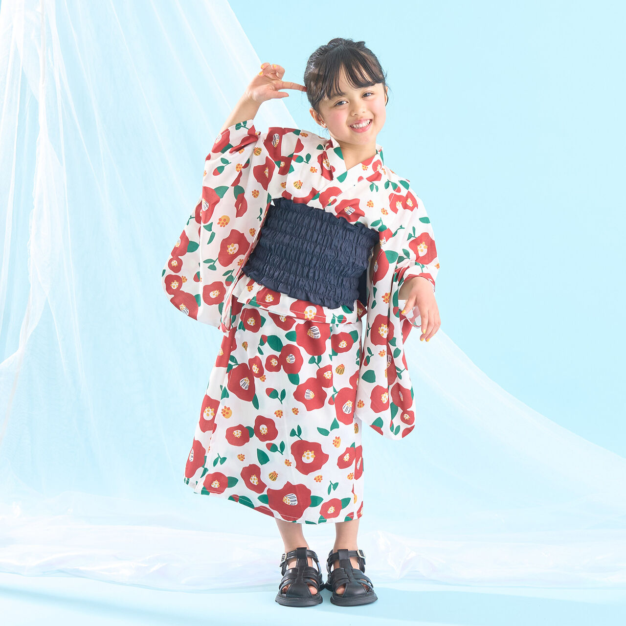 [Easy Wear♪] [Cool Touch] 4-Way Separate Yukata with Obi (OHANA) [Kids Girls],Coral red, large image number 0