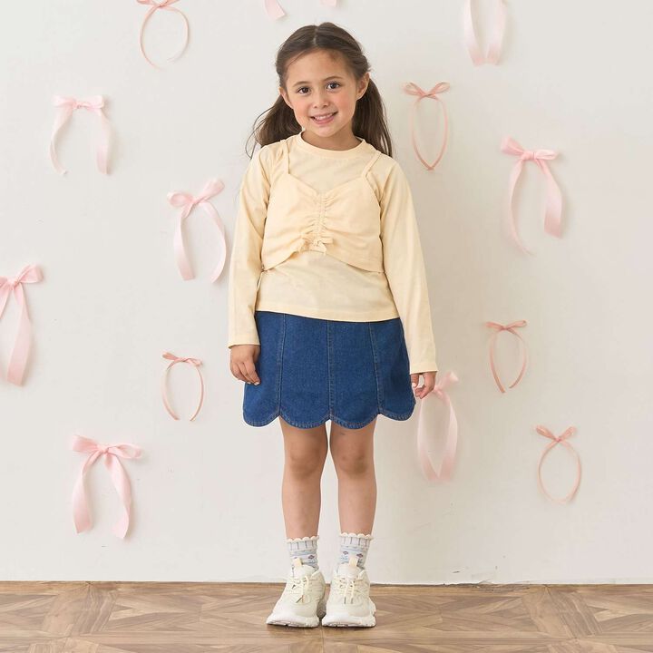 Stretch Denim Scallop Trim Skirt with Shorts,Sax blue, medium image number 25