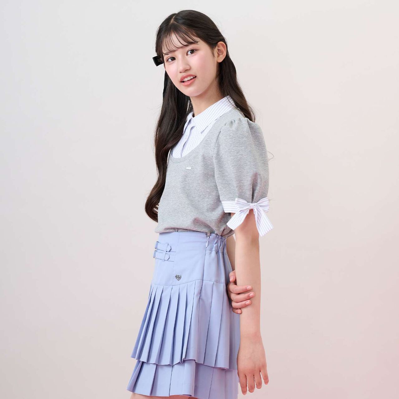 Sleeve Ribbon Fabric Docking T-Shirt,Navy, large image number 9