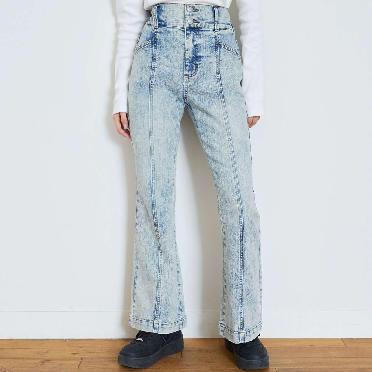 Stretch Style-Up Flare Denim Pants,Sax blue, large image number 0