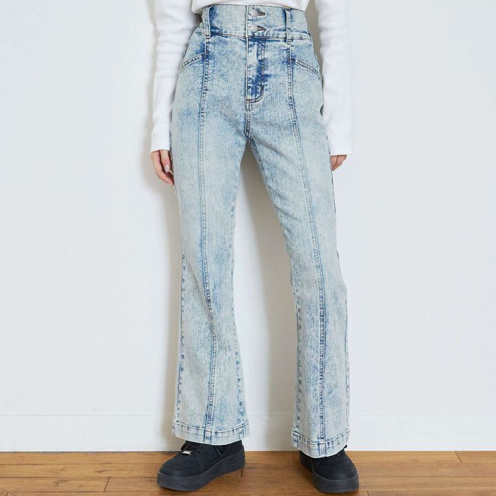 Stretch Style-Up Flare Denim Pants,Sax blue, medium image number 0
