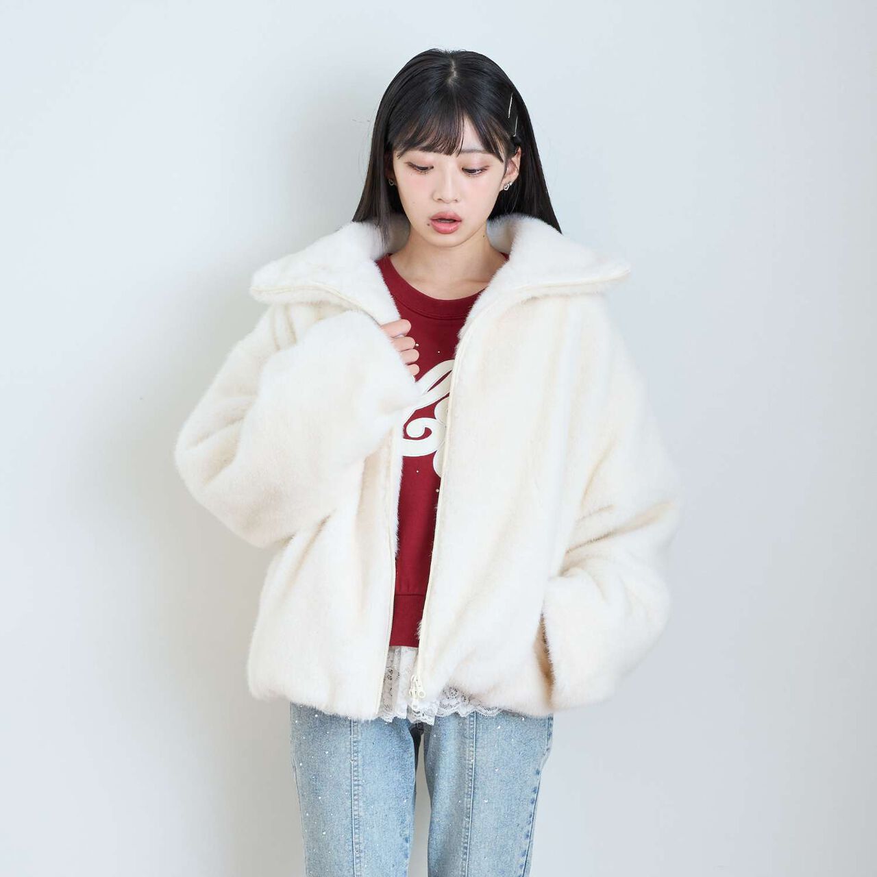 Double Zipper Faux Fur Bomber Jacket,Off white, large image number 0