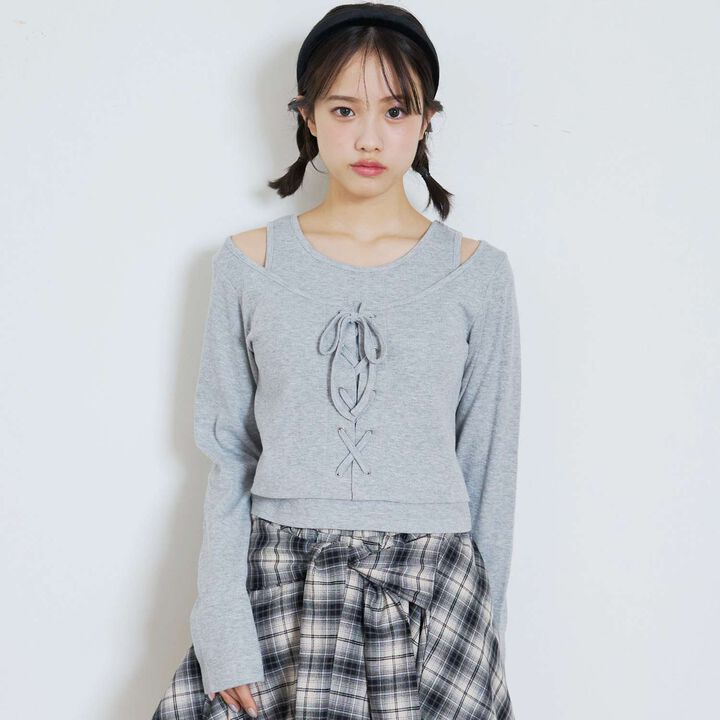 Lace-Up Ribbed Long-Sleeve Shirt,, medium