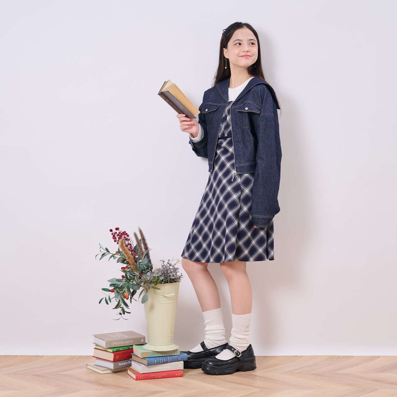 Checkered Camisole Dress Inner Set,Navy, large image number 18